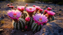 Claretcup Cactus Flowers (Echinocereus Triglochidiatus) In The Chihuahuan Desert. Generative Ai