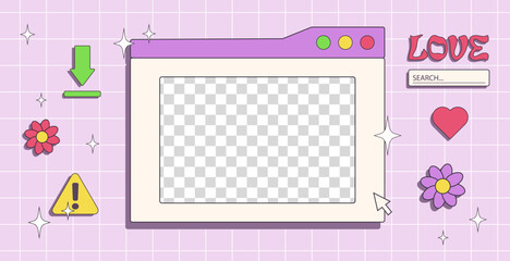 Fototapete - Trendy Y2K banner with retro computer window with copy space, futuristic banner in 2000s aesthetic.