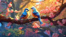 Beautiful Bird On Pink Spring Flowers In A Tree. (Generative AI)