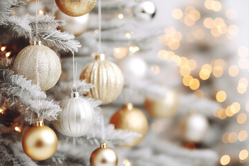 Beautiful Christmas tree with balls and garland on blurred background, closeup. 