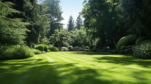 Beautiful Manicured Country Lawn Surrounded By Trees And Shrubs On A Bright Summer Day, Generative Ai