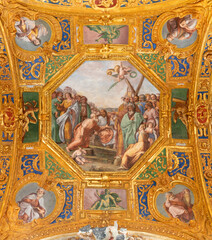  GENOVA, ITALY - MARCH 6, 2023: The fresco scene from life of St. Andrew the Apostle of in the church Basilica della Santissima Annunziata del Vastato by Gioacchino Assereto (1600 – 1649).