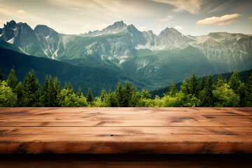 Wall Mural - Wooden table with mountain views background in the sun. Generative AI