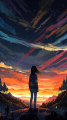 Wall Mural - a beautiful sunset anime illustration with colorful sky and a girl standing in front, ai generated image