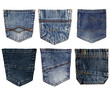 Set of different jeans pocket isolated on transparent background. Blue jeans back side pocket. Close up view denim texture, classic style fashion. PNG