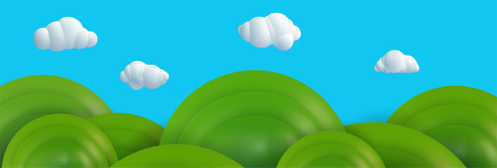 Wall Mural - 3d realistic cartoon green hills with white clouds on blue sky background. Summer landscape environment. Minimal nature cute composition. Vector illustration.