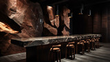 Fototapeta  - Interior Design of a Modern Restaurant with Beautiful Rock/Stone Wall Features and Rich Woods - Minimalist Moody Dining Design - Generative AI