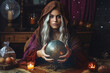 Gypsy young woman fortune teller working with tarot cards, predicting future, looking directly into camera, esoteric mysticism decorations in background. Generative AI