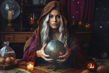 Gypsy Young Woman Fortune Teller Working With Tarot Cards, Predicting Future, Looking Directly Into Camera, Esoteric Mysticism Decorations In Background. Generative AI