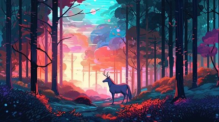 Wall Mural - A magical unicorn forest with a moonlit sky . Fantasy concept , Illustration painting. Generative Ai