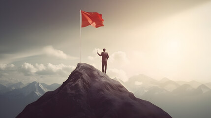 Businessman with flag standing on mountain top. Businessman climbing for business success goals.