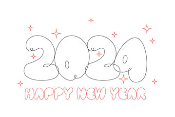 Wall Mural - 2024 line bubble typography background template with stars. Happy New year poster. Minimal banner with editable stroke. Vector illustration isolated on white background