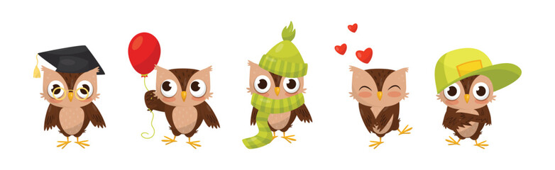 Wall Mural - Cute Little Owl Character with Large Eyes and Wings Vector Set