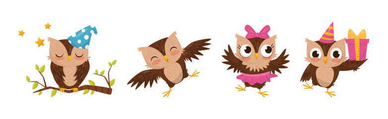 Cute Little Owl Character with Large Eyes and Wings Vector Set