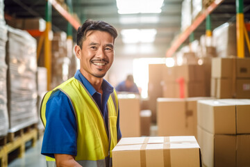 Worker in a warehouse, Asian man in high visibility vest and hard hat helmet, carton box in his hands, blurred shelves stacks background.  Generative AI