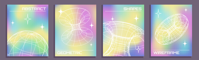 Poster - Set of four gradient vector backgrounds with 3d wireframe models, y2k style covers, modern millennial colorful backdrops.