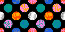 Colorful Circle Polka Dot Seamless Pattern With Collage Art Texture. Modern Contemporary Art Background, Round Geometric Shape Hand Drawn Print, Maximalist Graffiti Paint Wallpaper.