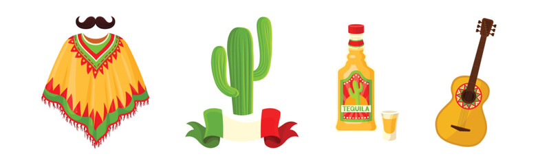 Wall Mural - Mexican Objects and Symbols with Cactus, Tequila Bottle, Guitar and Poncho Vector Set
