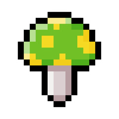 Poster - Pixel 8-bit Mushroom Object as Video Game Style Element Vector Illustration