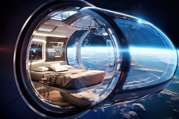 spaceship hotel interior, capsule hostel, abstract generative ai illustration