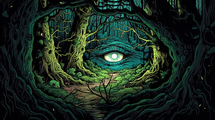Wall Mural - A dark forest with a pair of glowing eyes staring out from a hollow tree . Fantasy concept , Illustration painting. Generative Ai