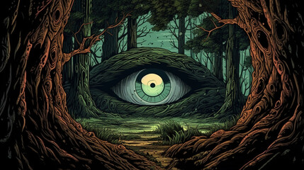 Wall Mural - A dark forest with a pair of glowing eyes staring out from a hollow tree . Fantasy concept , Illustration painting. Generative Ai