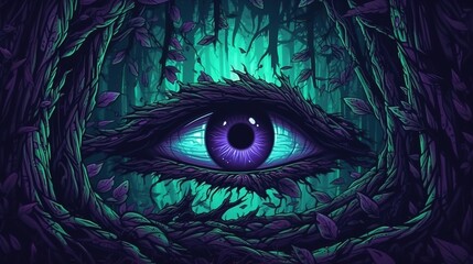 Wall Mural - A dark forest with a pair of glowing eyes peering from the shadows . Fantasy concept , Illustration painting. Generative Ai