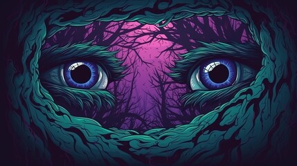 Wall Mural - A dark forest with a pair of glowing eyes peering from the shadows . Fantasy concept , Illustration painting. Generative Ai