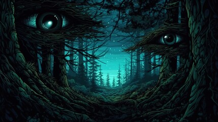 Wall Mural - A dark forest with a pair of glowing eyes peering from the shadows . Fantasy concept , Illustration painting. Generative Ai