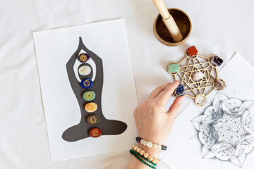 Sticker - Healing chakra crystal grid therapy. Rituals with gemstones for wellness, healing, meditation, destress, relaxation, mental health, spiritual practices. Energetical power concept