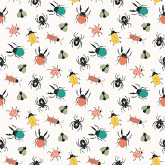 seamless pattern with colorful doodle beetles and spiders