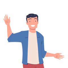 Poster - Happy Man Character Waving Hand and Smiling Vector Illustration