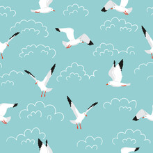 Seamless Seagull Pattern. Cartoon Flying Marine Birds And Doodle Clouds Vector Background