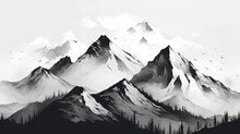 Mountain Range Black And White, Pencil Illustration Of Generated Ai Mountain Range Black And White, Pencil