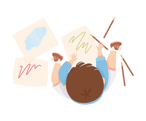 Sticker - Little Boy Character Sitting and Drawing with Pencils on Paper Above View Vector Illustration