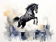 illustrazione in stile acquerello di strepitoso cavallo nero  da salto che salta un ostacolo molto alto, gare equestri, clip art di cavallo in stile acquerello, ai , 