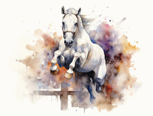 Illustrazione In Stile Acquerello Di Strepitoso Cavallo Bianco  Da Salto Che Salta Un Ostacolo Molto Alto, Gare Equestri, Clip Art Di Cavallo In Stile Acquerello, Ai , 