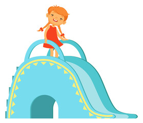 Wall Mural - Girl stand on playground slide. Cartoon kid charcter