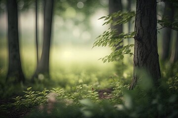Poster - misty forest landscape with tall trees and green foliage. Generative AI