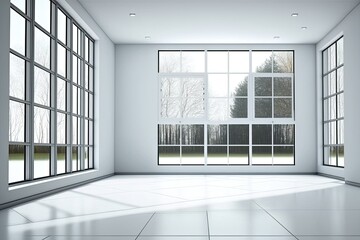 Poster - empty modern room with white flooring and large windows. Generative AI