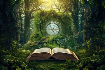 A book nestled in the enchanting forest, surrounded by lush moss and towering trees, inviting you to embark on a literary journey