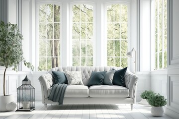 Poster - A stylish white room with a couch and a summer scenery at the window. Illustration of Scandinavian interior design. Generative AI