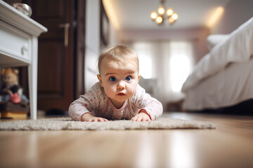 Wall Mural - Cute baby girl crawling on the floor and looking at the camera. Generative AI