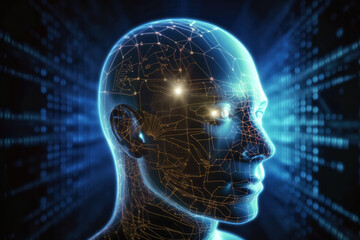 Poster - Humanoid android head with visible electronic circuitry, concept of neural networks and artifitial intellligence
