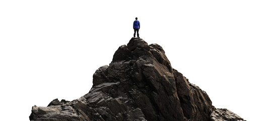 rocky mountain peak with man standing. transparent background. adventure concept.