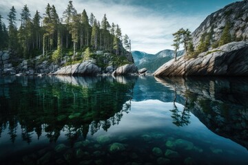 Poster - serene lake nestled among lush trees and rocky terrain. Generative AI