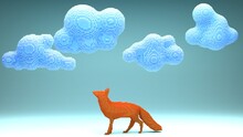 An Abstract Image Of A Fox Looking At Low-flying Clouds. Isometric Cubic Format. 3D