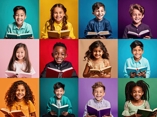 Collage of happy multi ethnic kids of reading books on colorful backgrounds. Literacy, inclusivity, diversity concept