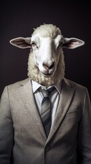 Photograph of a sheep in a businessman outfit