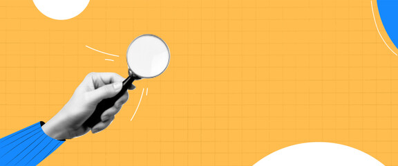 A collage on the subject of seo. Contemporary composition with a hand holding a magnifying glass. Attracting new users. Vector yellow background.